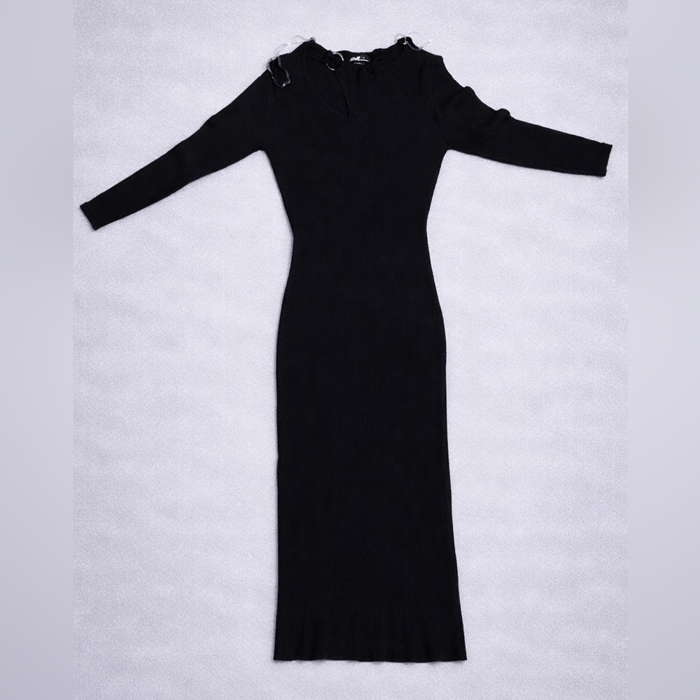 Black Ribbed Bodycon Midi Dress Long Sleeve Size M